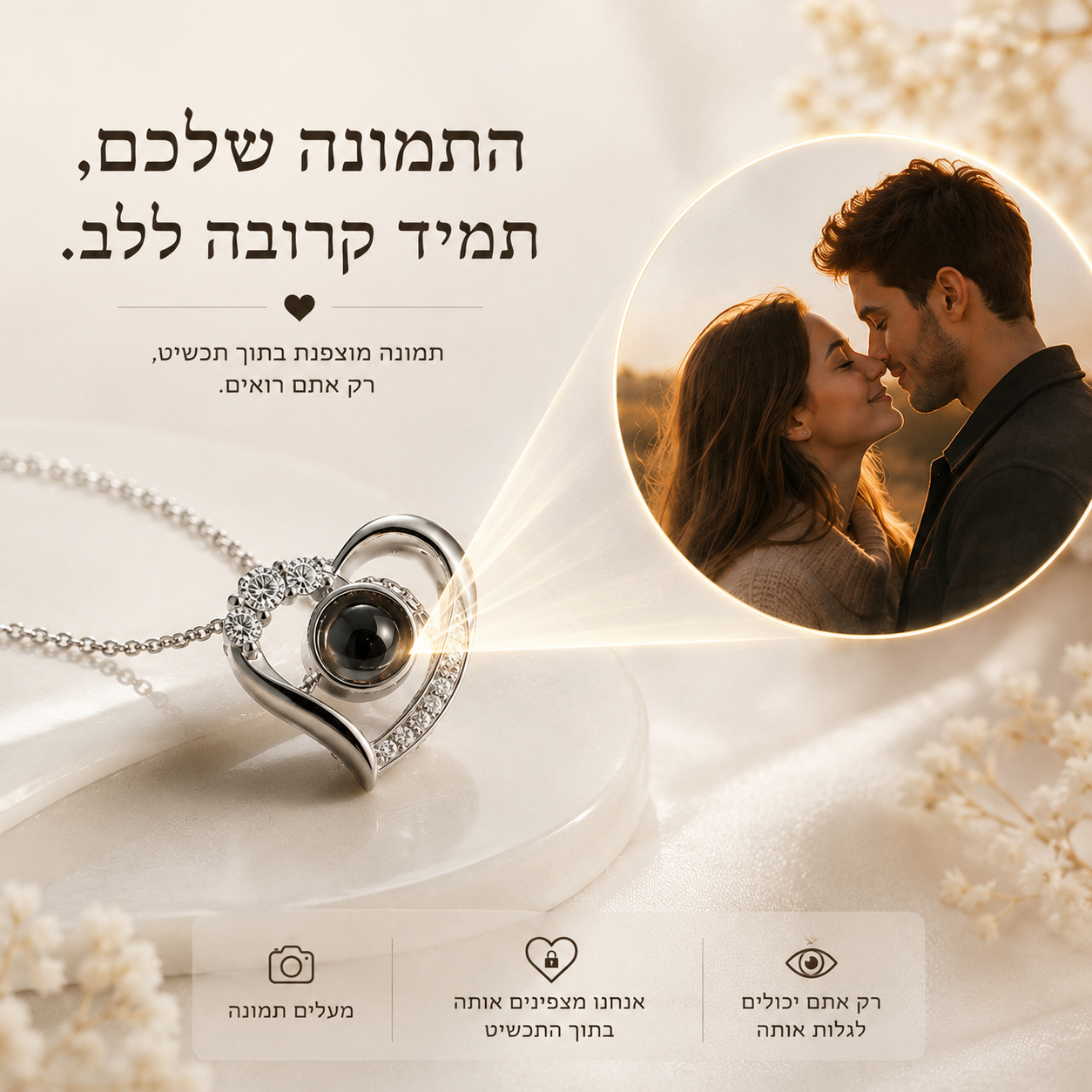 שרשרת לב משובצת עם תמונה מוצפנת אישית