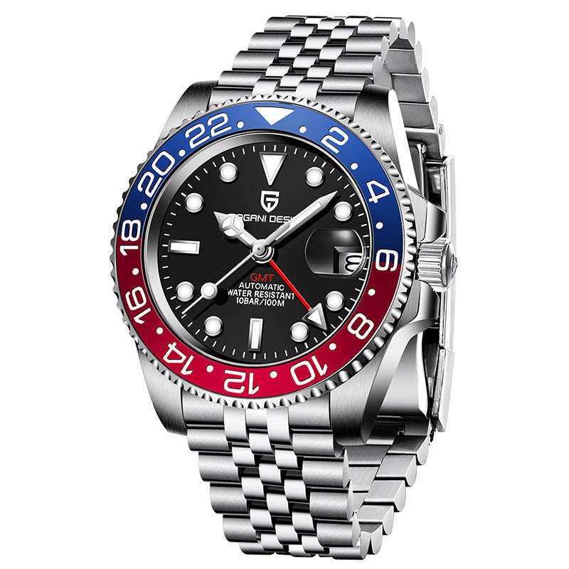 שעון מכני אוטומטי לגברים PAGANI DESIGN GMT עם תאריך ומחוגים זוהרים