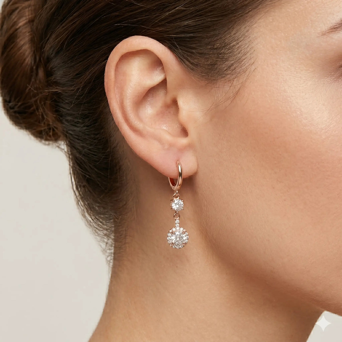 עגיל כסף סוליטר כפול נופל ציפוי רוז