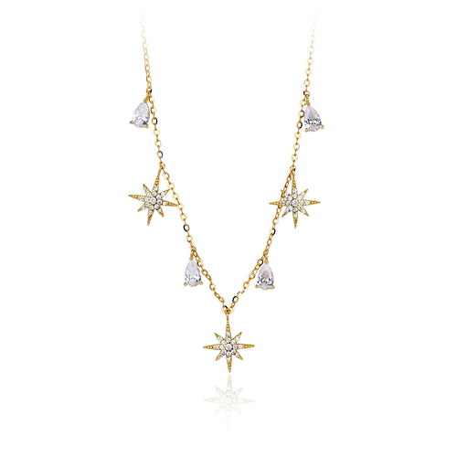 Cubic Zirconia Eight Point Star And Pear Shaped Drop 925 Sterling Silver Necklace
