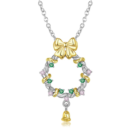 Christmas Wreath Stone Set 925 Sterling Silver Bell Drop Pendant Necklace