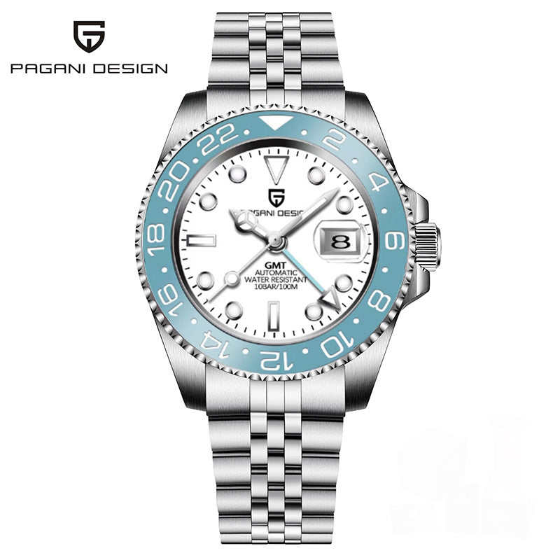 שעון מכני אוטומטי לגברים PAGANI DESIGN GMT עם תאריך ומחוגים זוהרים