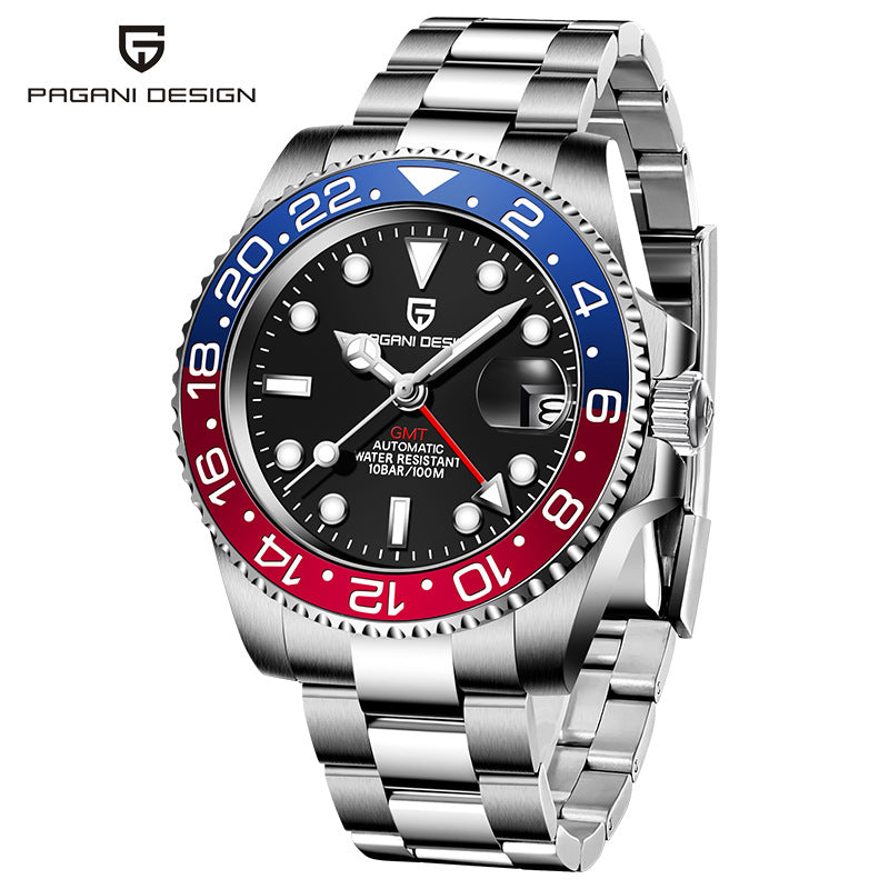 שעון מכני אוטומטי לגברים PAGANI DESIGN GMT עם תאריך ומחוגים זוהרים