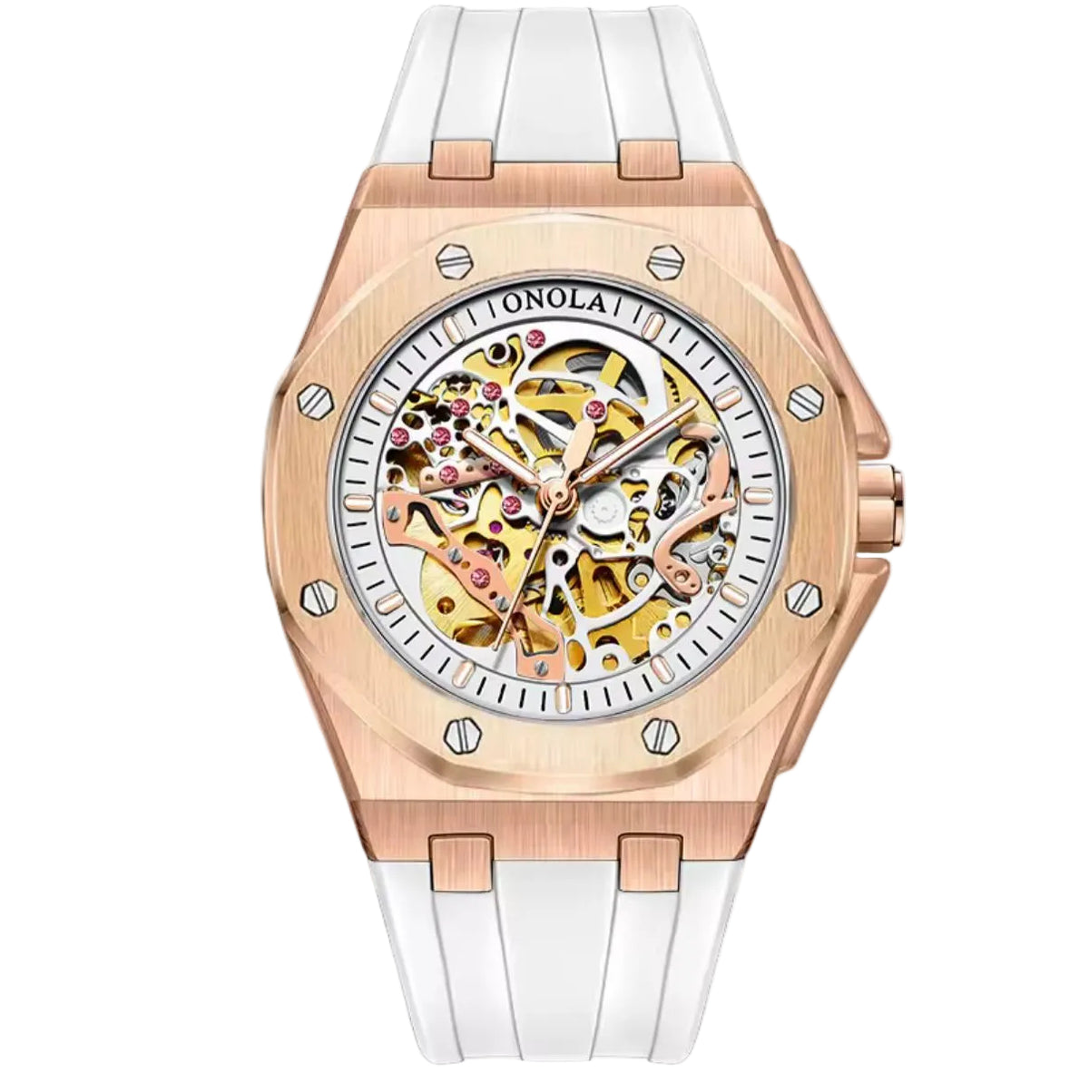 שעון יוקרה סקלטון Rose Gold עם רצועה לבנה