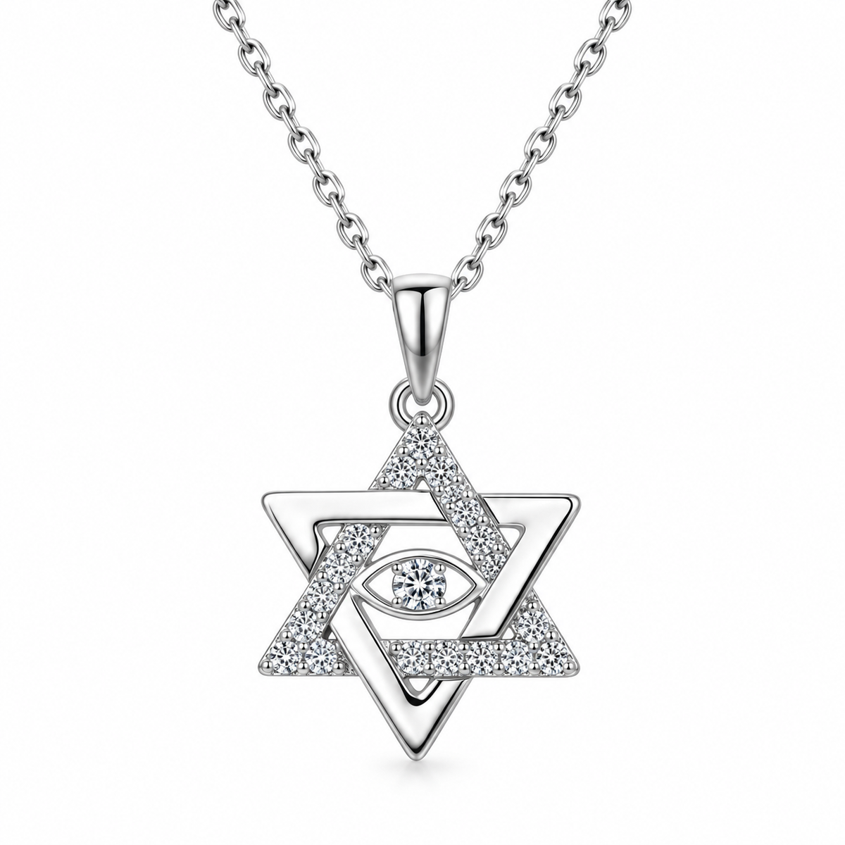 שרשרת מגן דוד ועין מכסף 925 בשיבוץ מויסנייט