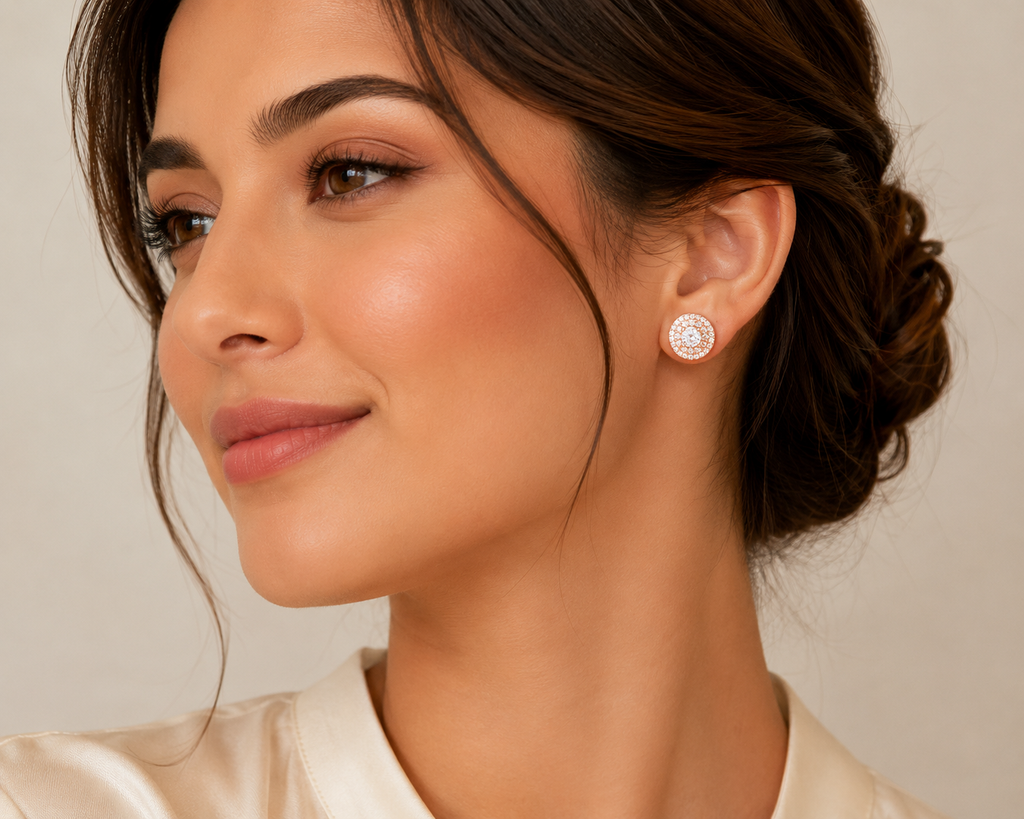 עגילי הילה קלאסיים משובצים כסף 925 בציפוי רוז גולד